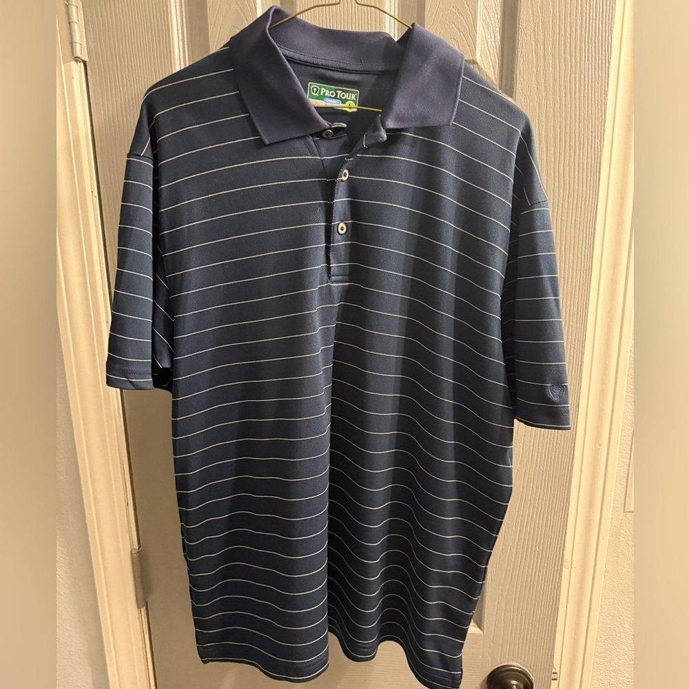 Men’s Pro Tour Cool Play blue shirt with white stripes Size Large